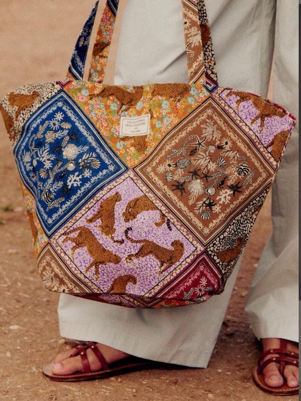 Sézane x Inoui Editions Multicolor Patchwork Tote Floral Animal Print Boho Chic